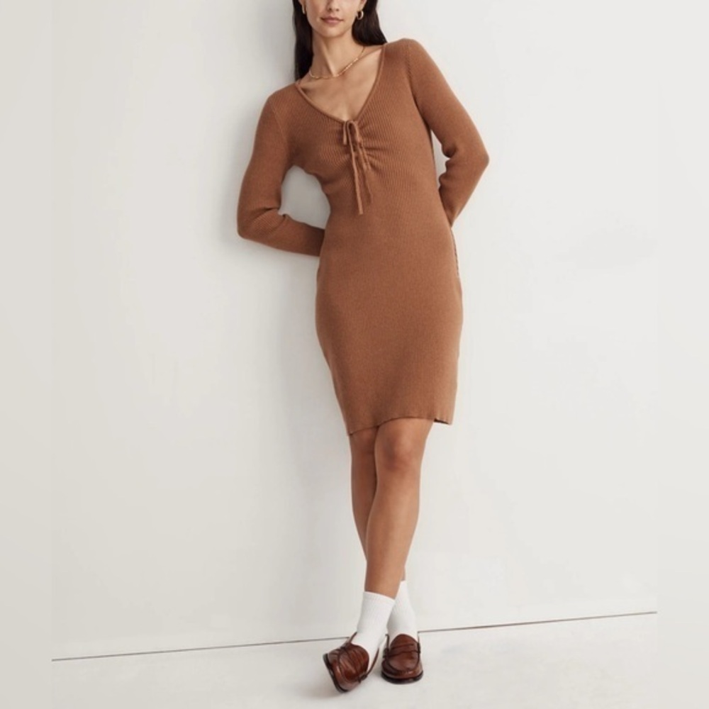 Madewell cottagecore minimalist Normcore Tan Long Sleeve ribbed Dress small